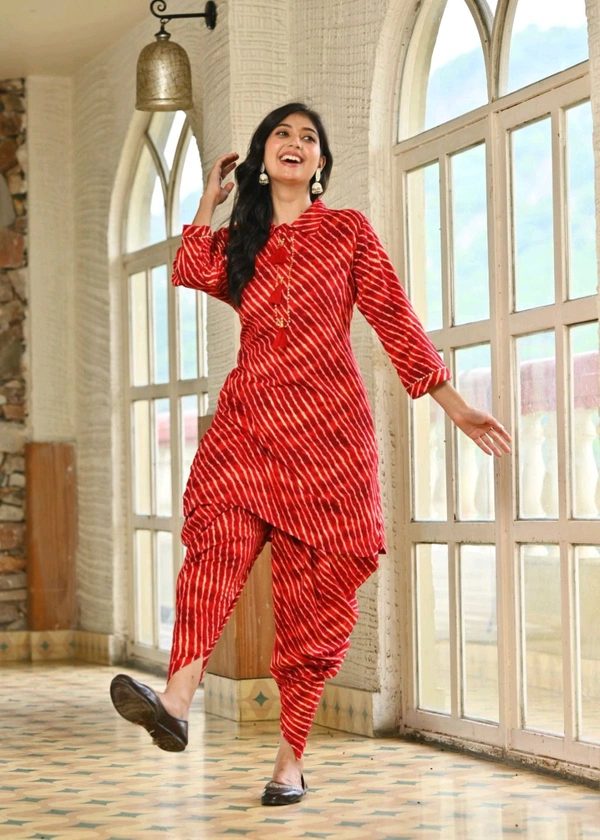 LCW 5759 *New Foil Muslin  Lahariya dhoti set Dori Work  - Red, XL-42