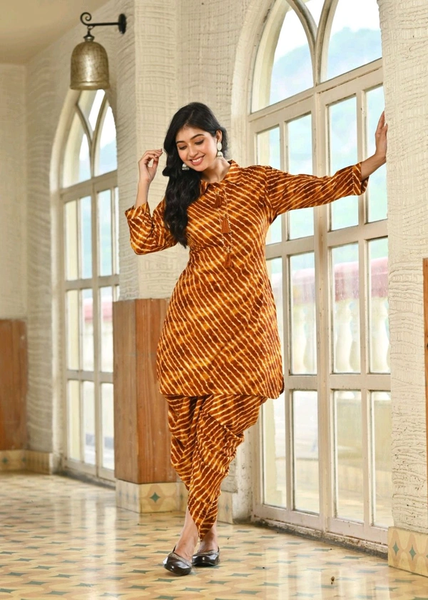LCW 5759 *New Foil Muslin  Lahariya dhoti set Dori Work  - Yellow, 3XL-46
