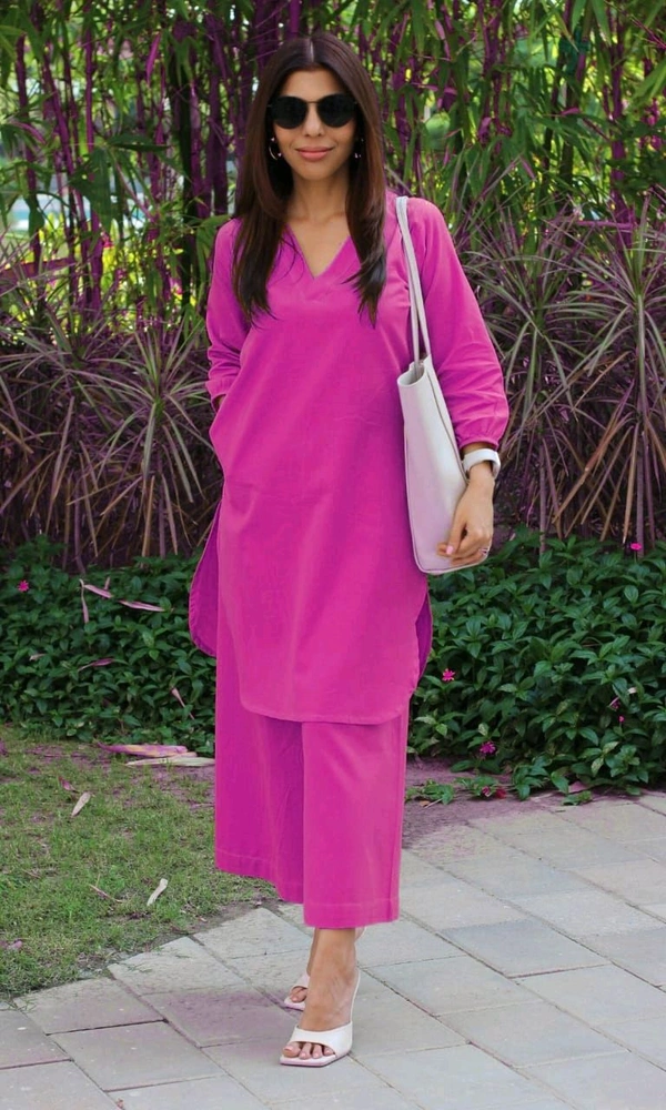 LCW 5761 *New Very Classy Look Cotton Slub Kurti Pant Set  - pink, L-40
