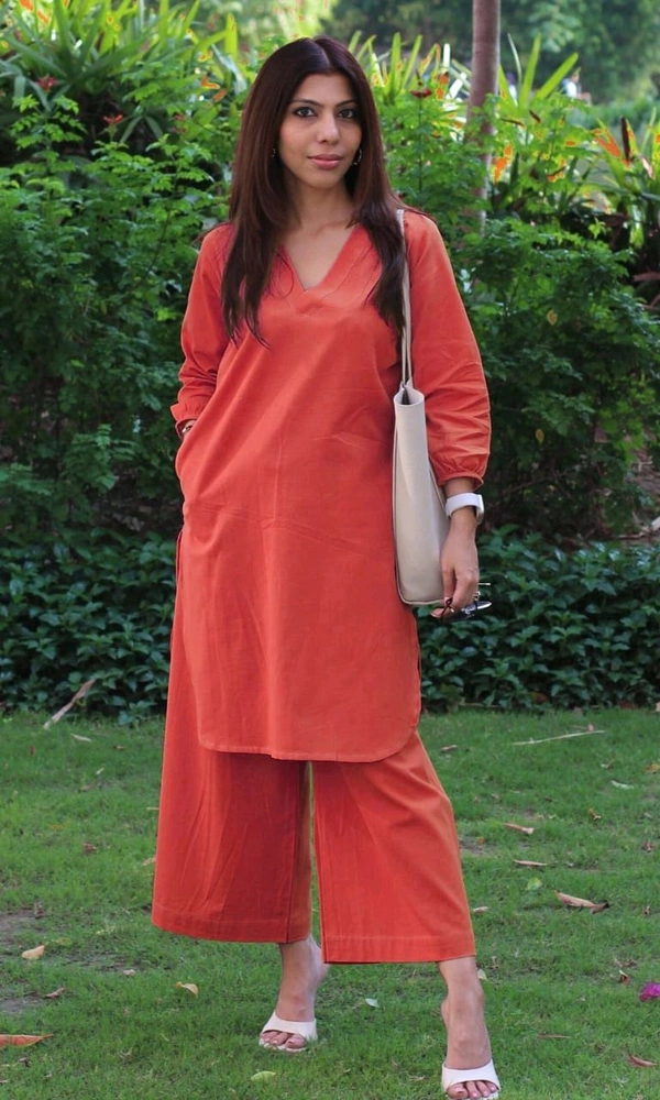LCW 5761 *New Very Classy Look Cotton Slub Kurti Pant Set  - Red, 3XL-46