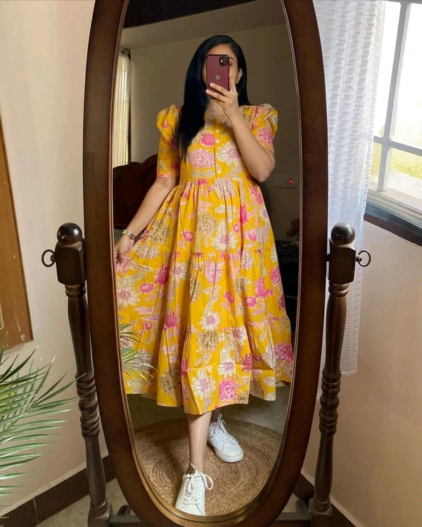 LCW 5762 New look  stylish and walk in comfort Cotton 
Middi Gown With Puff Sleeve  - Yellow, M-38