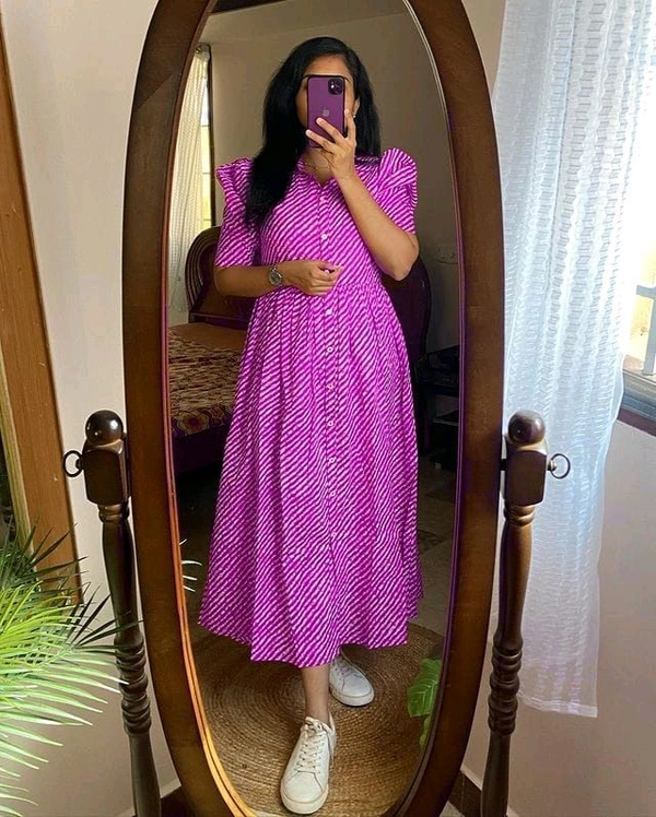 LCW 5762 New look  stylish and walk in comfort Cotton 
Middi Gown With Puff Sleeve  - Pink, 2XL-44