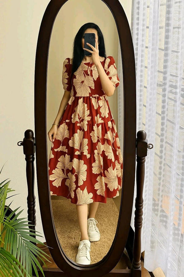 LCW 5762 New look  stylish and walk in comfort Cotton 
Middi Gown With Puff Sleeve  - Maroon, M-38