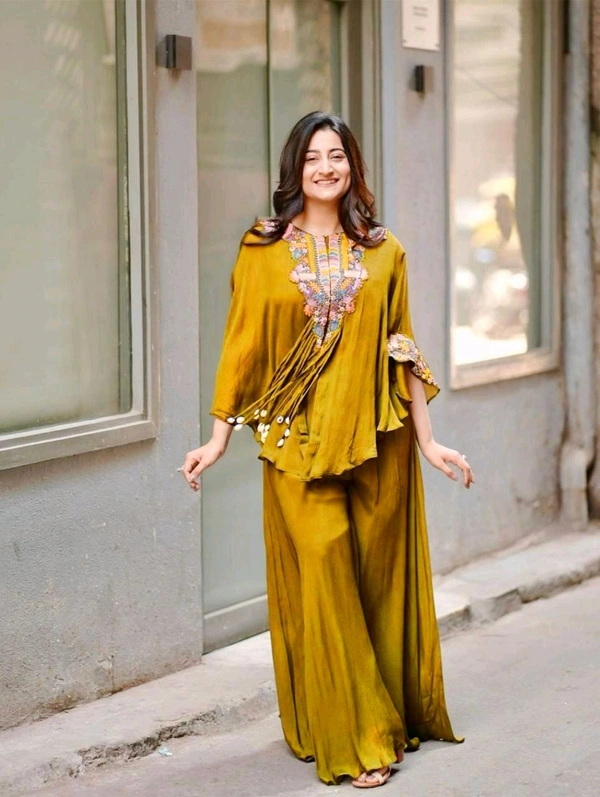 DSS 5764 *NEW TRENDY THREE PIECE INDO WESTERN WITH SEQUENCE EMBROIDERED WORK AIR TEX CHINON PLAZZO  SET  - Yellow, 2XL-44