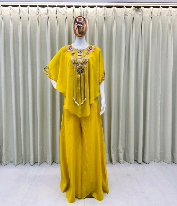 DSS 5764 *NEW TRENDY THREE PIECE INDO WESTERN WITH SEQUENCE EMBROIDERED WORK AIR TEX CHINON PLAZZO  SET  - Yellow, 2XL-44