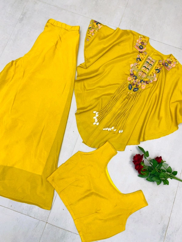 DSS 5764 *NEW TRENDY THREE PIECE INDO WESTERN WITH SEQUENCE EMBROIDERED WORK AIR TEX CHINON PLAZZO  SET  - Yellow, 2XL-44