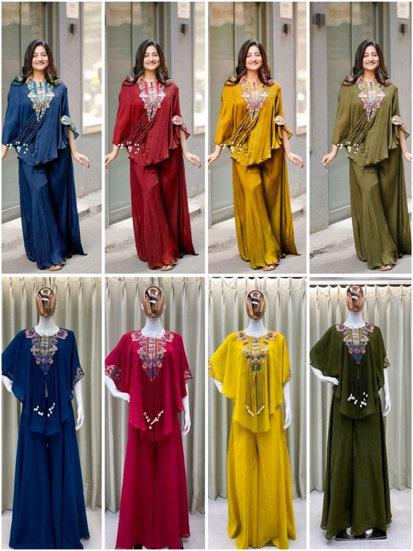 DSS 5764 *NEW TRENDY THREE PIECE INDO WESTERN WITH SEQUENCE EMBROIDERED WORK AIR TEX CHINON PLAZZO  SET  - Blue, 2XL-44