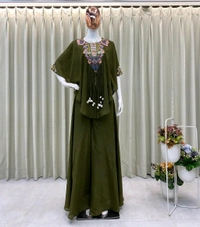 DSS 5764 *NEW TRENDY THREE PIECE INDO WESTERN WITH SEQUENCE EMBROIDERED WORK AIR TEX CHINON PLAZZO  SET  - dark green, 2XL-44