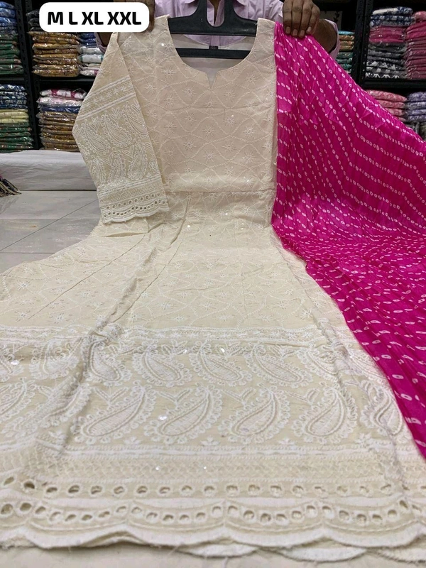 DSS 5765 NEW BEAUTIFUL COTTON  ANARKALI CHIKAN SEQVENS  GOWN WITH DUPATTA - pink, 2XL-44