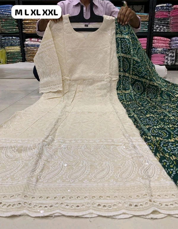 DSS 5765 NEW BEAUTIFUL COTTON  ANARKALI CHIKAN SEQVENS  GOWN WITH DUPATTA - dark green, 2XL-44