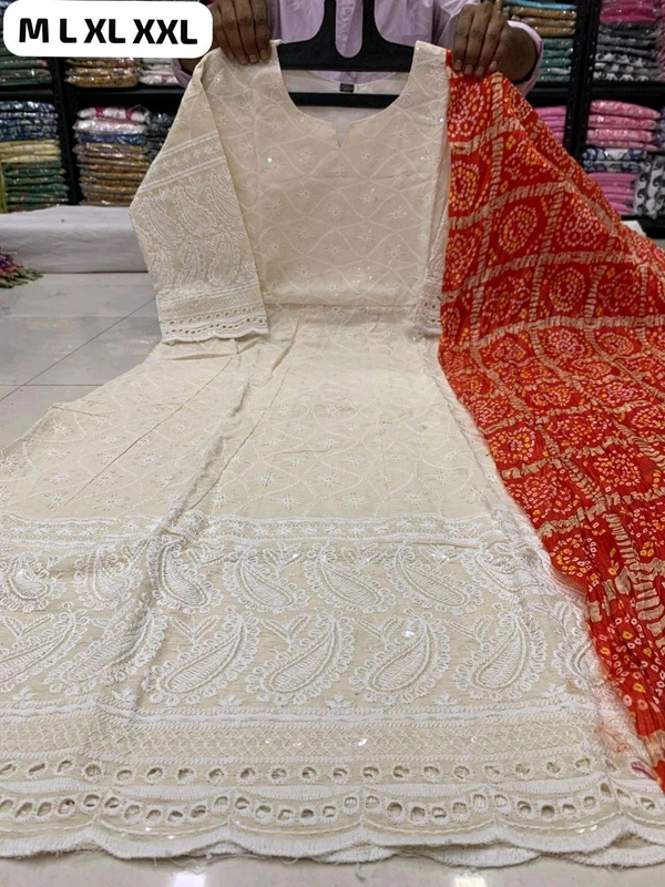 DSS 5765 NEW BEAUTIFUL COTTON  ANARKALI CHIKAN SEQVENS  GOWN WITH DUPATTA - Red, 2XL-44