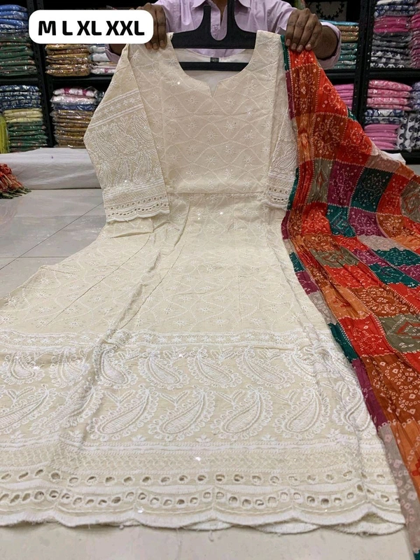 DSS 5765 NEW BEAUTIFUL COTTON  ANARKALI CHIKAN SEQVENS  GOWN WITH DUPATTA - Red Orange, 2XL-44