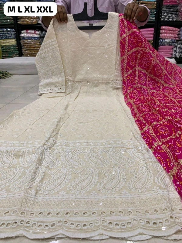 DSS 5765 NEW BEAUTIFUL COTTON  ANARKALI CHIKAN SEQVENS  GOWN WITH DUPATTA - rani pink, M-38