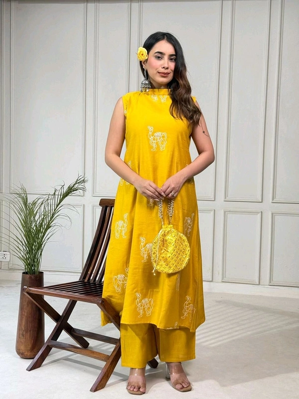 DSS 5770 New launched Aline plazo set Heavy vetican With camel thread work  - Yellow, 2XL-44