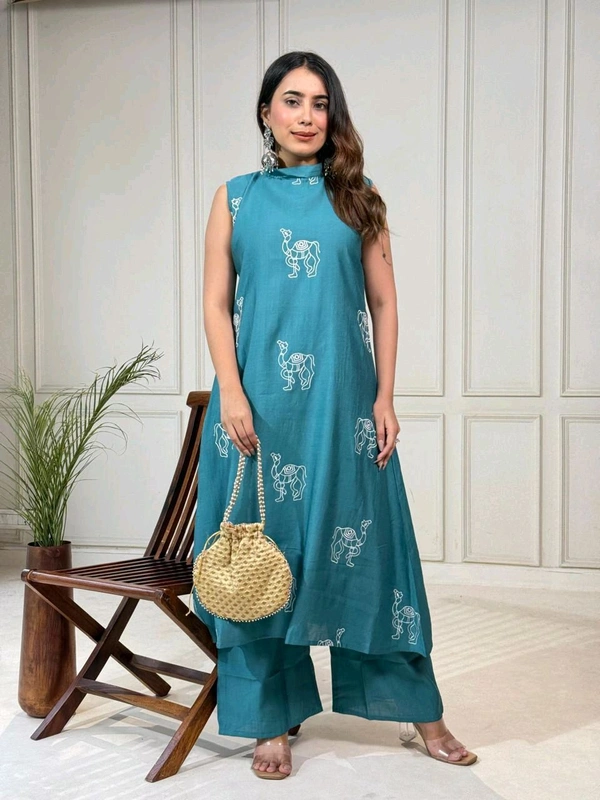 DSS 5770 New launched Aline plazo set Heavy vetican With camel thread work  - Blue, 2XL-44