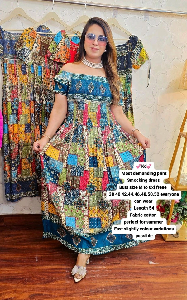 KD18  5771 Most demanding print Cotton 
Smocking dress  can wear  - Blue, 2XL-44