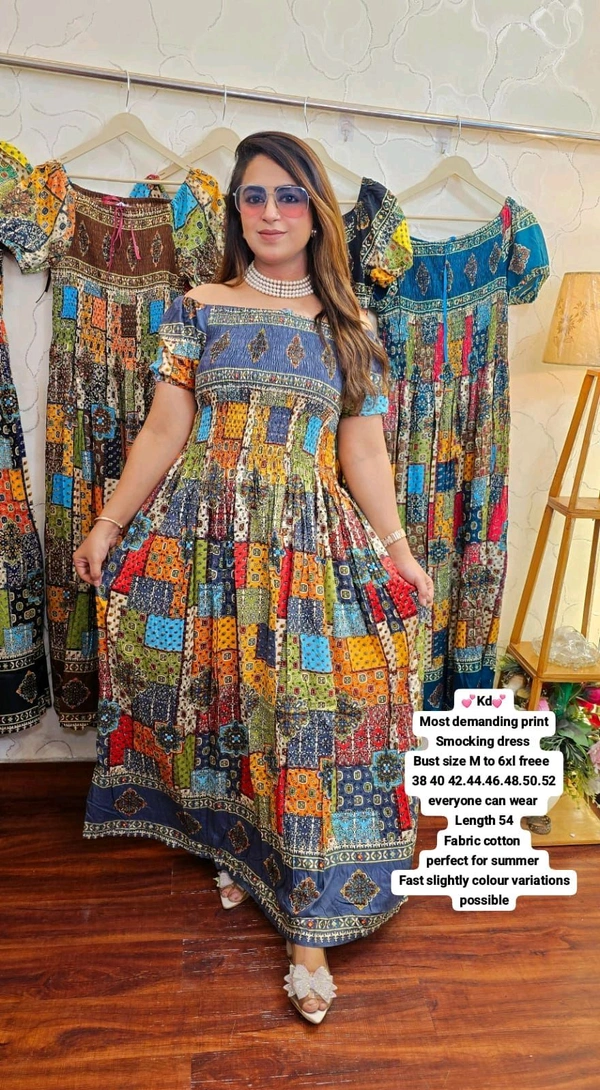 KD18  5771 Most demanding print Cotton 
Smocking dress  can wear  - Blue, 5XL-50