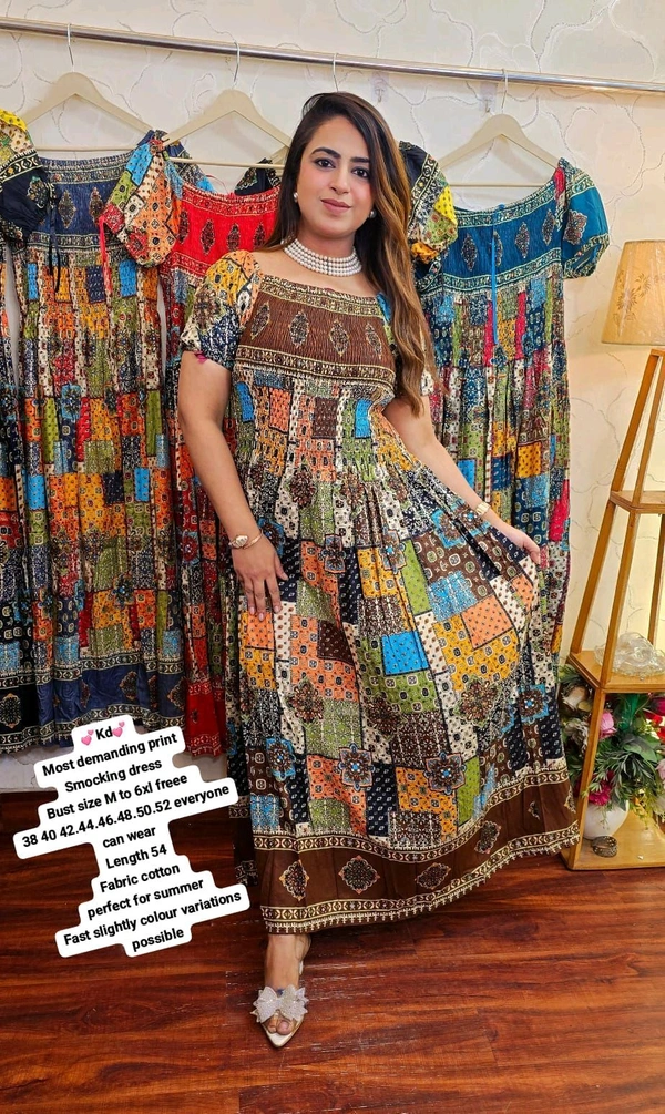 KD18  5771 Most demanding print Cotton 
Smocking dress  can wear  - Brown, M-38