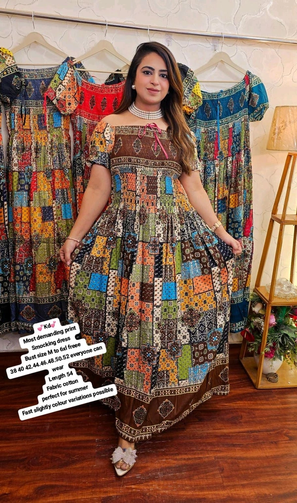 KD18  5771 Most demanding print Cotton 
Smocking dress  can wear  - Brown, 3XL-46