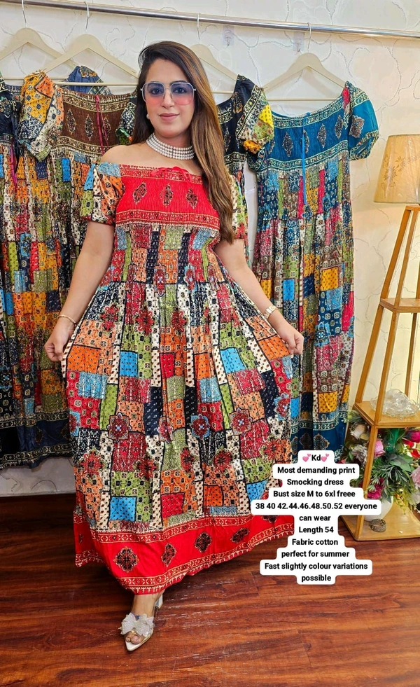 KD18  5771 Most demanding print Cotton 
Smocking dress  can wear  - Red, XL-42