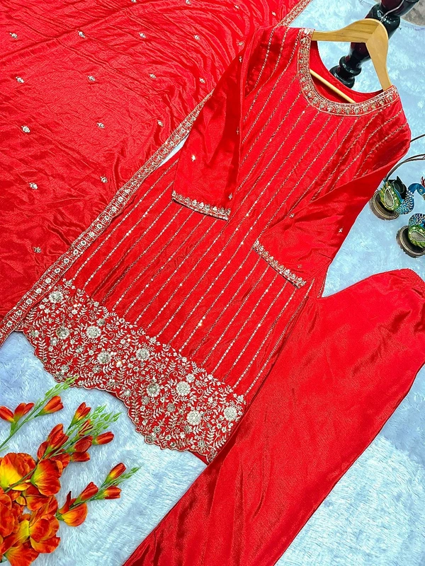 DSS 5773  NEW ĐĚSIGNER PARTY WEAR CHINON SILK TOP AND PANT PLAZZO. FANCY DUPPATA EMBROIDERY WORK - L-40