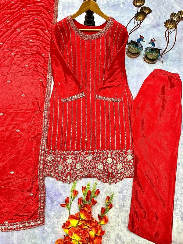 DSS 5773  NEW ĐĚSIGNER PARTY WEAR CHINON SILK TOP AND PANT PLAZZO. FANCY DUPPATA EMBROIDERY WORK - 2XL-44