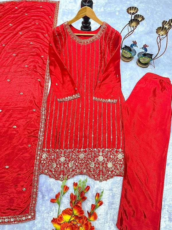 DSS 5773  NEW ĐĚSIGNER PARTY WEAR CHINON SILK TOP AND PANT PLAZZO. FANCY DUPPATA EMBROIDERY WORK - 2XL-44