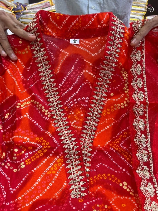 DSS 5776 New Stylish And Comfortable Pure Cambric Cotton Bandhani Print Kurti Pant Dupatta Set  - L-40