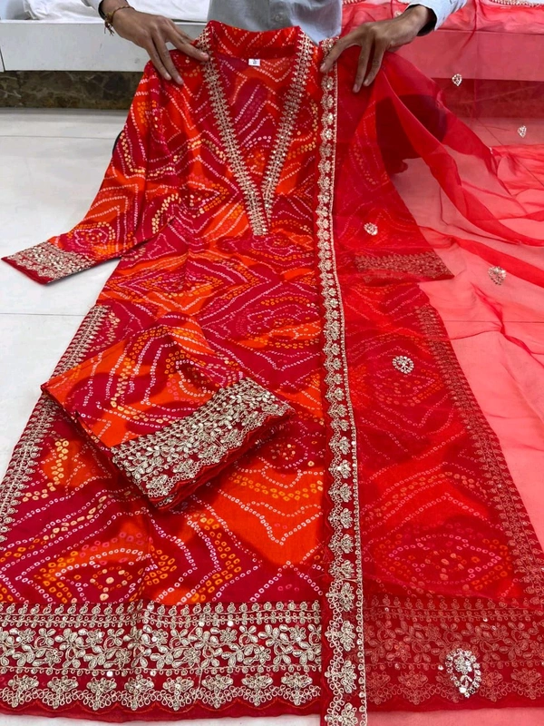 DSS 5776 New Stylish And Comfortable Pure Cambric Cotton Bandhani Print Kurti Pant Dupatta Set  - 2XL-44