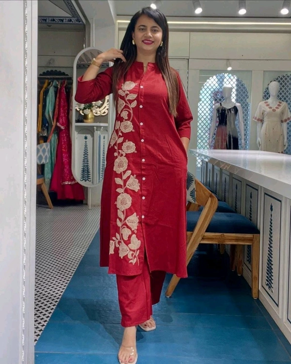 DSS 5778 NEW DESIGN LAUNCH COTTON  CO-ORD SET WITH EMBROIDERY WORK  - Red, 2XL-44