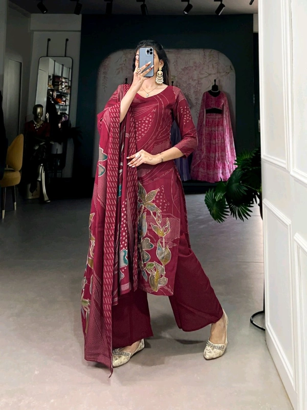 DSS 5781 New Collection Roman Silk Total Print BeetsHandwork kurta Pant Dupatta Set  - Maroon, M-38