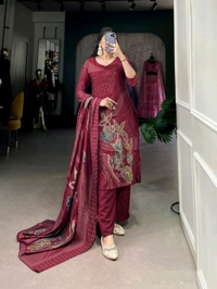 DSS 5781 New Collection Roman Silk Total Print BeetsHandwork kurta Pant Dupatta Set  - Maroon, M-38