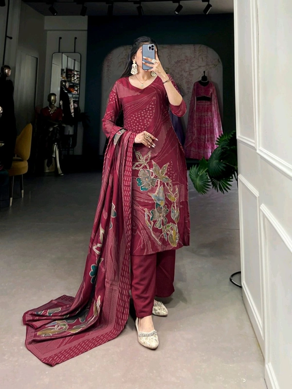 DSS 5781 New Collection Roman Silk Total Print BeetsHandwork kurta Pant Dupatta Set  - Maroon, M-38
