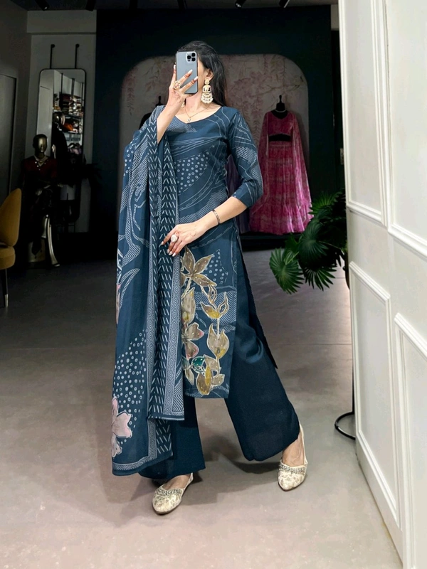 DSS 5781 New Collection Roman Silk Total Print BeetsHandwork kurta Pant Dupatta Set  - Blue, M-38
