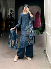 DSS 5781 New Collection Roman Silk Total Print BeetsHandwork kurta Pant Dupatta Set  - Blue, M-38