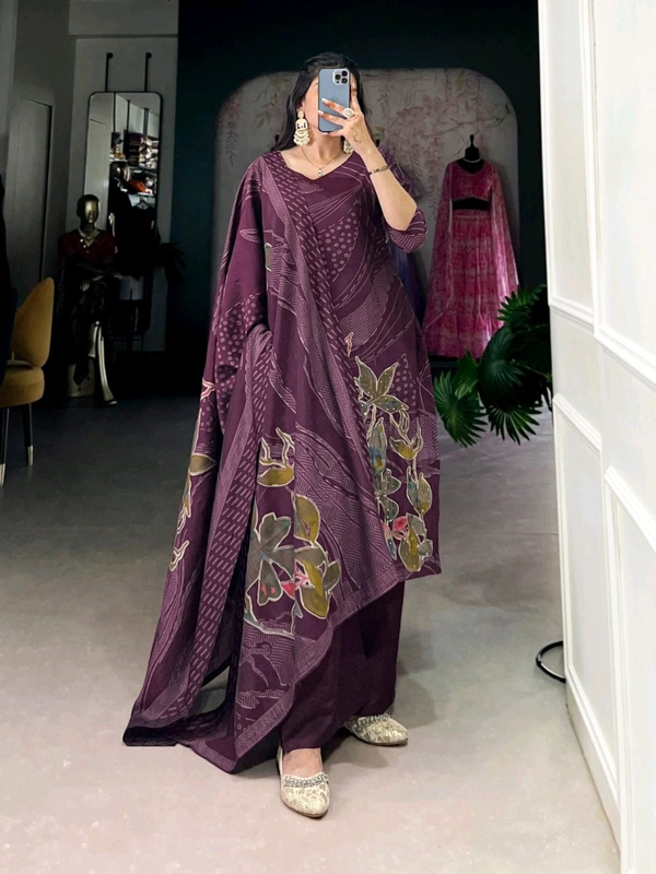 DSS 5781 New Collection Roman Silk Total Print BeetsHandwork kurta Pant Dupatta Set  - Purple, L-40