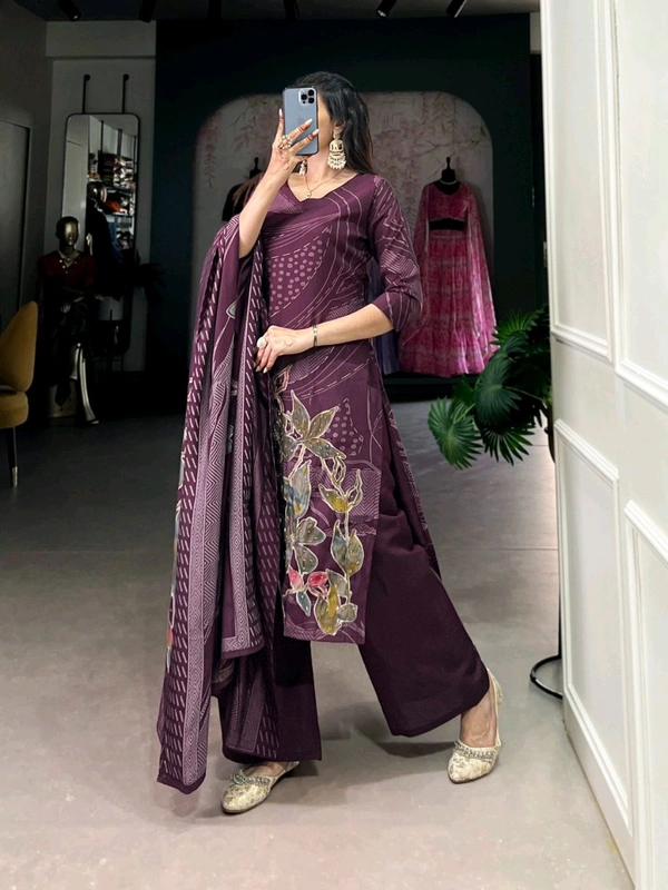 DSS 5781 New Collection Roman Silk Total Print BeetsHandwork kurta Pant Dupatta Set  - Purple, L-40
