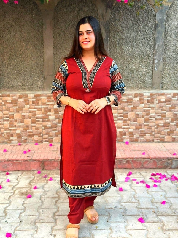 LCW 5784 New Beautiful Pure Cotton Kurti With Pant
 - Red, 2XL-44