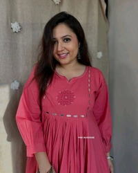 LCW 5785 Pure Fine Heavy Cotton Kurti Pant Set With Embroidery Work  - red Watermelon, 3XL-46