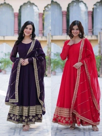 DSS 5789 New Faux Blooming Georgette Gown With Dupatta With Embroidery Work  - Purple, L-40