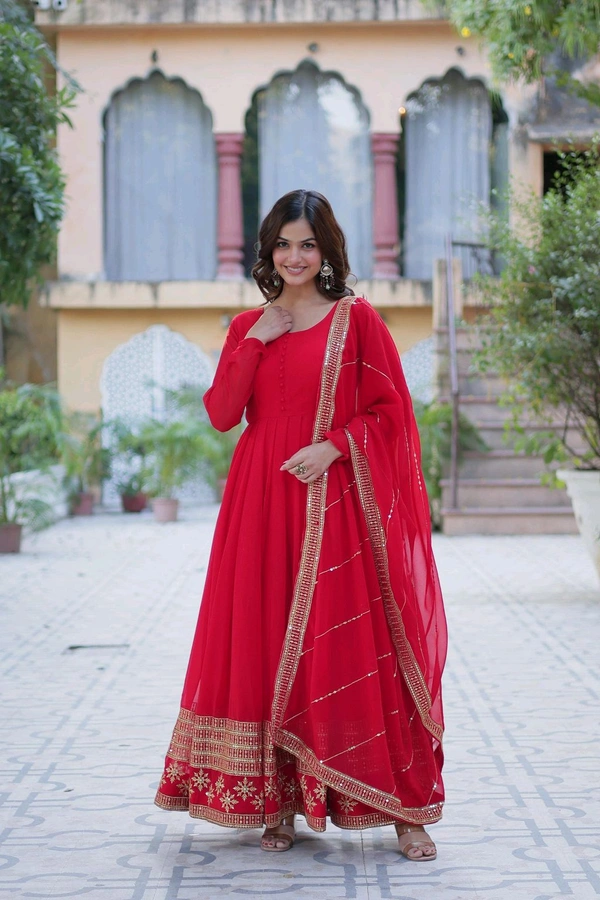 DSS 5789 New Faux Blooming Georgette Gown With Dupatta With Embroidery Work  - Red, L-40