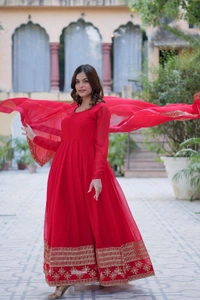 DSS 5789 New Faux Blooming Georgette Gown With Dupatta With Embroidery Work  - Red, XL-42