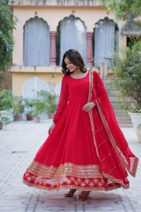 DSS 5789 New Faux Blooming Georgette Gown With Dupatta With Embroidery Work  - Red, 2XL-44
