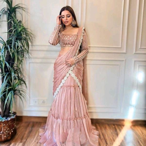 DSS 6474 New Quality Ready To Wear Organza Lehnga Saree  ruffle style with Drep and thread 
 - 2XL-44