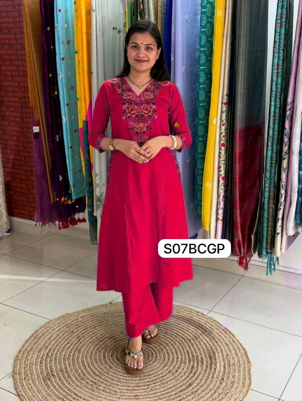 LCW 5793 New Pure Cotton Kurti Pant Set Cross Stitch Heavy Embriodery Both side pocket in kurti with embroidery  - Red, M-38