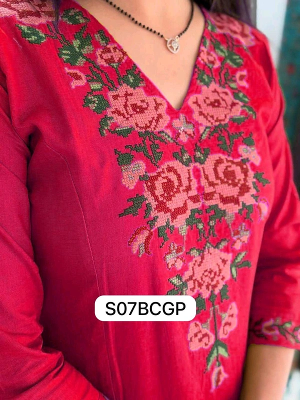 LCW 5793 New Pure Cotton Kurti Pant Set Cross Stitch Heavy Embriodery Both side pocket in kurti with embroidery  - Red, L-40