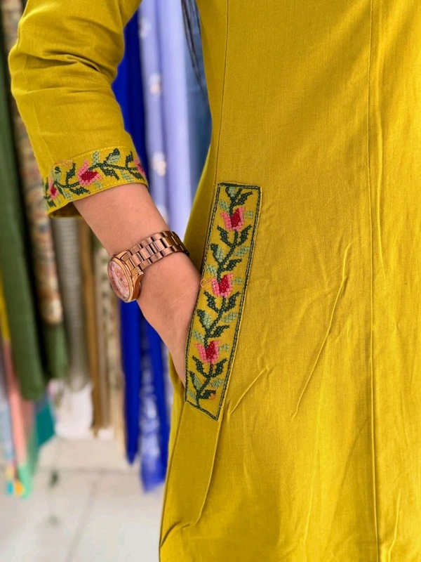 LCW 5793 New Pure Cotton Kurti Pant Set Cross Stitch Heavy Embriodery Both side pocket in kurti with embroidery  - Yellow, XL-42