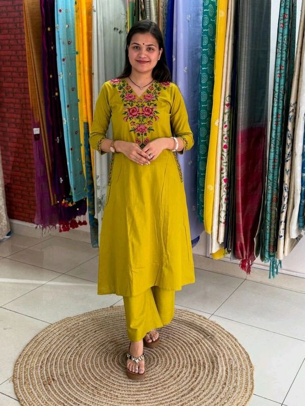 LCW 5793 New Pure Cotton Kurti Pant Set Cross Stitch Heavy Embriodery Both side pocket in kurti with embroidery  - Yellow, 2XL-44