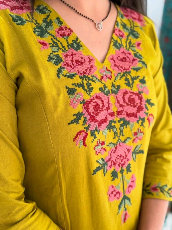 LCW 5793 New Pure Cotton Kurti Pant Set Cross Stitch Heavy Embriodery Both side pocket in kurti with embroidery  - Yellow, 3XL-46