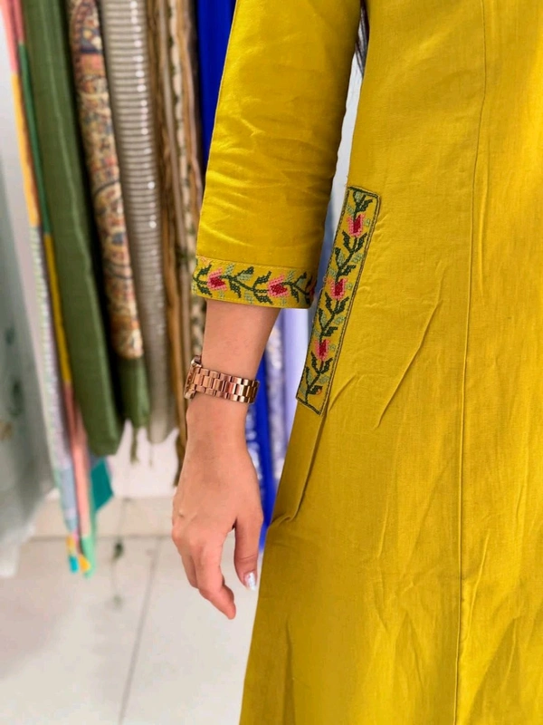 LCW 5793 New Pure Cotton Kurti Pant Set Cross Stitch Heavy Embriodery Both side pocket in kurti with embroidery  - Yellow, 3XL-46
